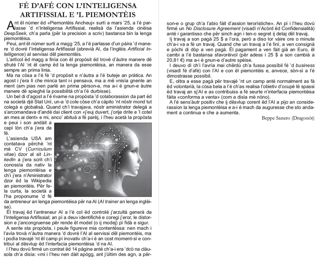 F d'af con l'Inteligensa Artifissial e 'l Piemontis